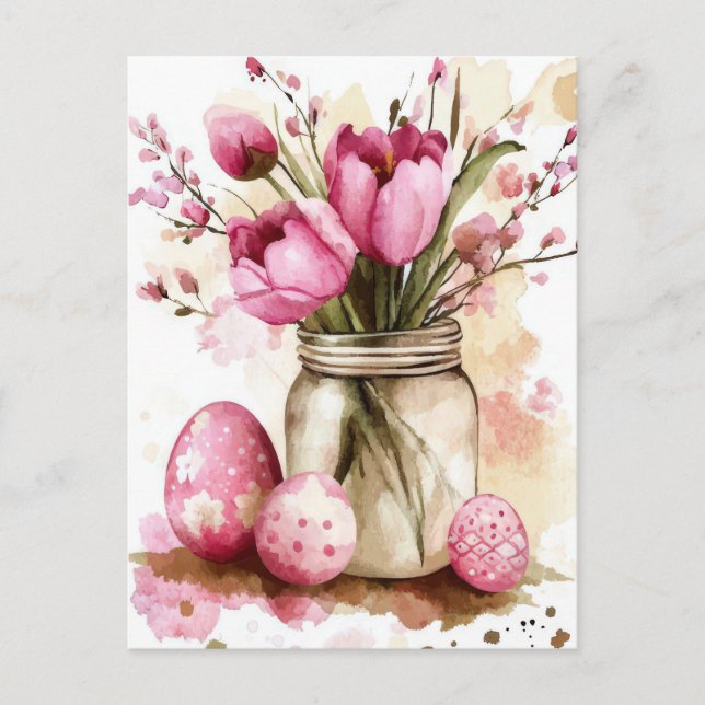 Postale Carte de Pâques avec œufs de Pâques et fleurs (Devant)
