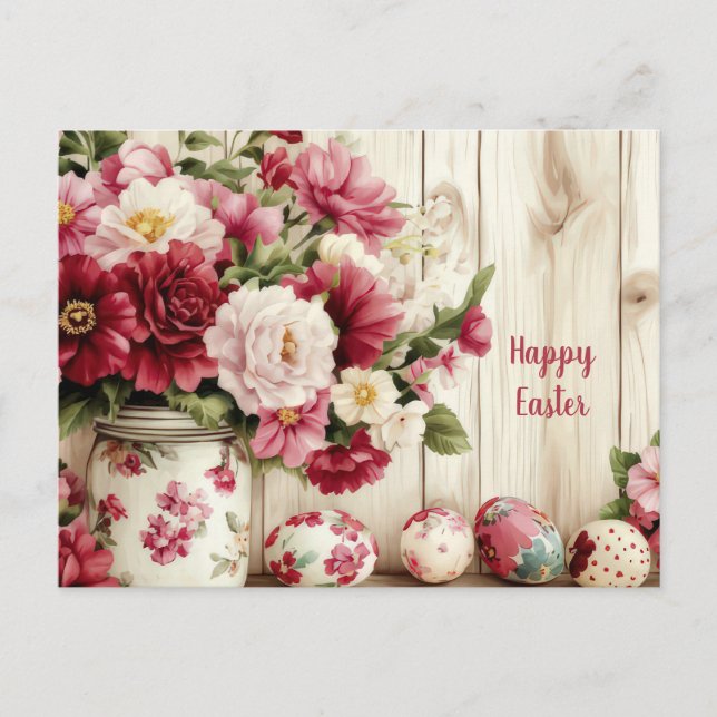 Postale Carte de Pâques avec œufs de Pâques et fleurs (Devant)