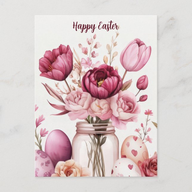 Postale Carte de Pâques avec œufs de Pâques et fleurs (Devant)