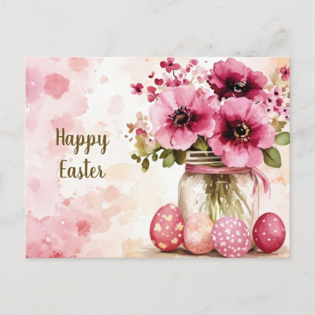 Postale Carte de Pâques avec œufs de Pâques et fleurs (Devant)