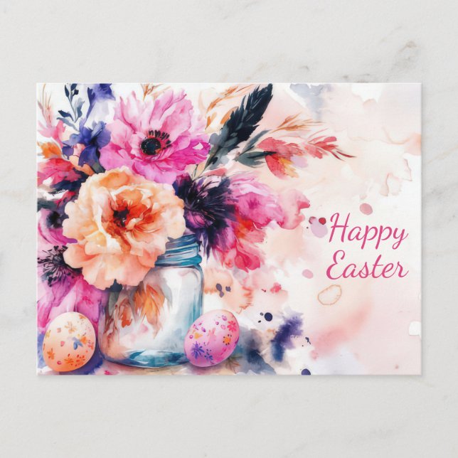 Postale Carte de Pâques avec œufs de Pâques et fleurs (Devant)