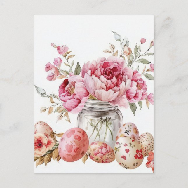 Postale Carte de Pâques avec œufs de Pâques et fleurs (Devant)