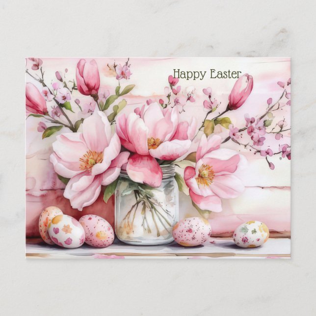 Postale Carte de Pâques avec œufs de Pâques et fleurs (Devant)