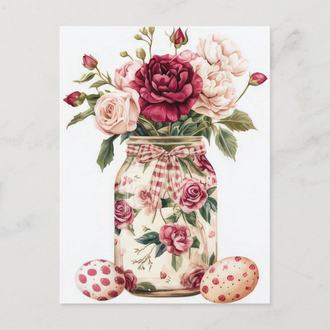 Postale Carte de Pâques avec œufs de Pâques et fleurs (Devant)