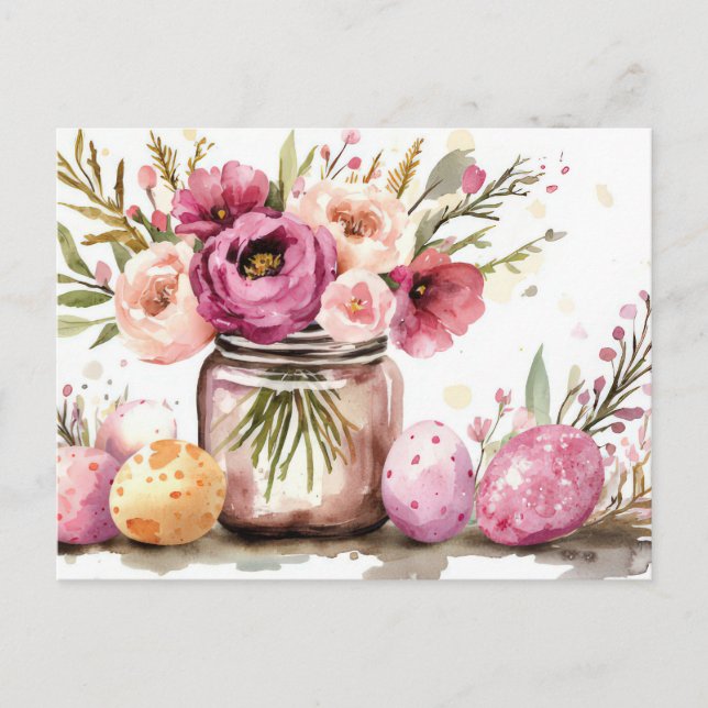 Postale Carte de Pâques avec œufs de Pâques et fleurs (Devant)