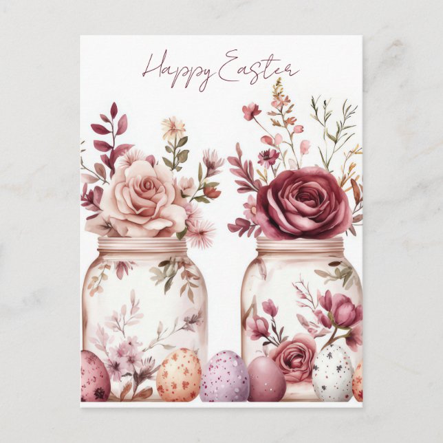 Postale Carte de Pâques avec œufs de Pâques et fleurs (Devant)
