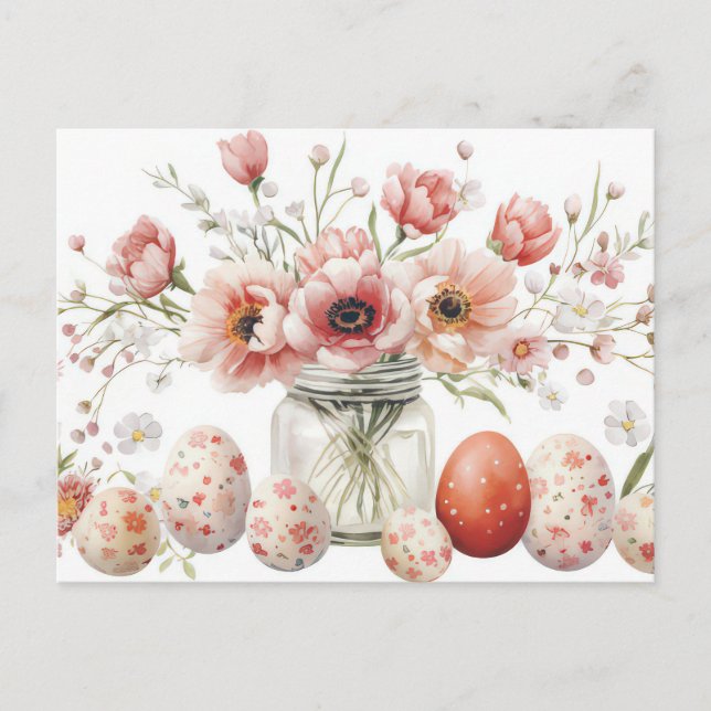 Postale Carte de Pâques avec œufs de Pâques et fleurs (Devant)