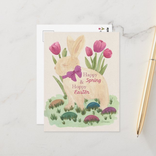 Postale Carte de Pâques Joyeuse et Printemps Heureux (Devant/Arrière en situation)