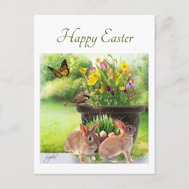 Postale Carte de Pâques lapin et fleurs printanières (Devant)