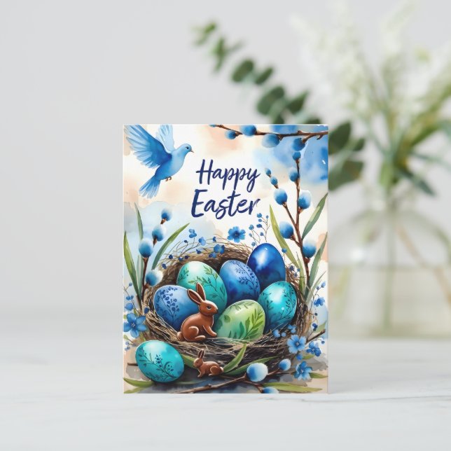 Postale Carte de Pâques Lapin Nid Aquarelle Joyeuse (Debout devant)