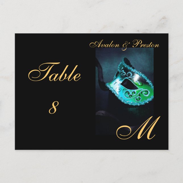 Postale Carte de place de table en teal Masque de Monogram (Devant)