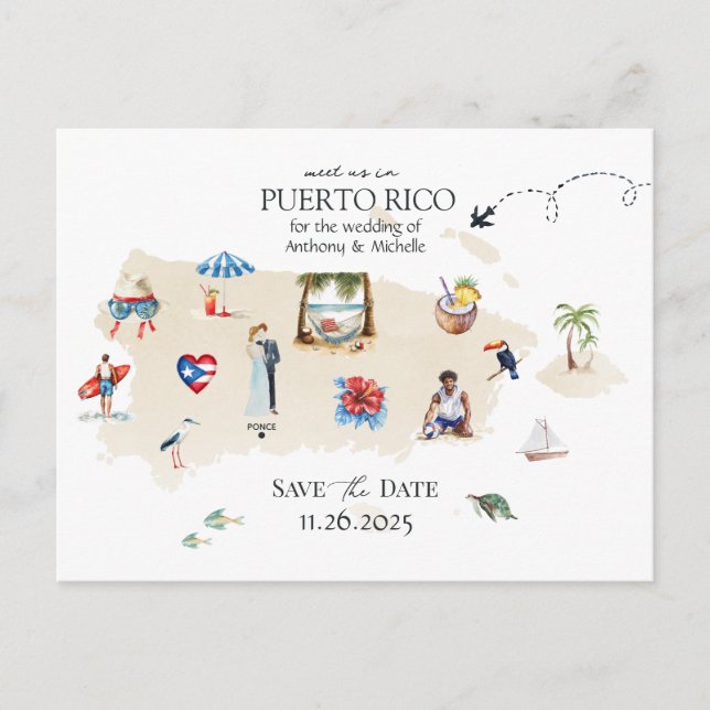 Postale Carte de Porto Rico Destination Mariage Économisez (Devant)