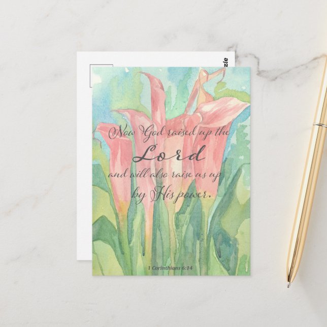 Postale Carte de prière 1 Corinthians rose Calla Lily Fleu (Devant/Arrière en situation)