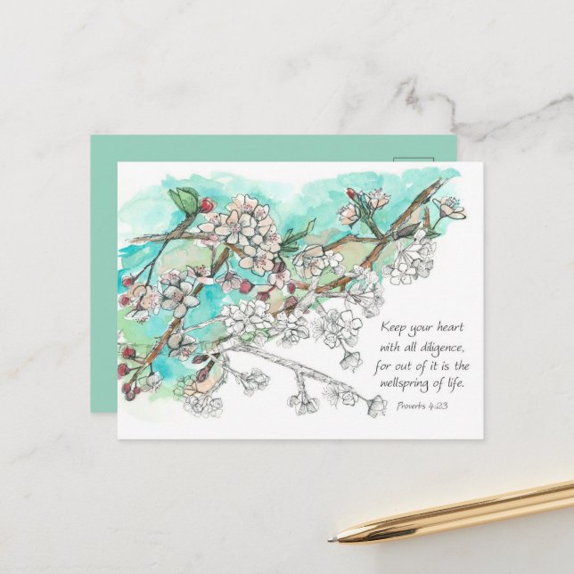 Postale Carte de prière des Proverbes Écriture Cerisier Fl (Devant/Arrière en situation)