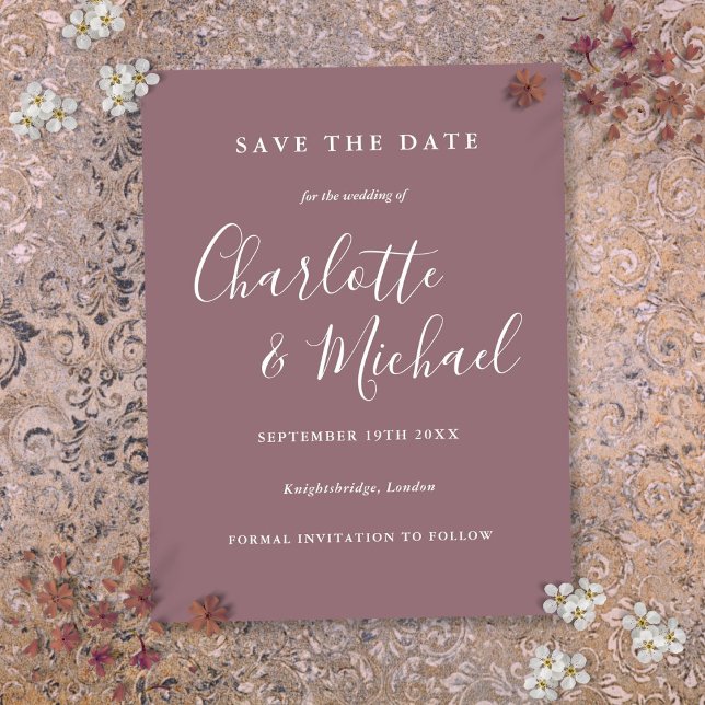 Postale Carte de rappel de mariage mauve Script Mauve (Script Mauve Wedding Save the Date Card)