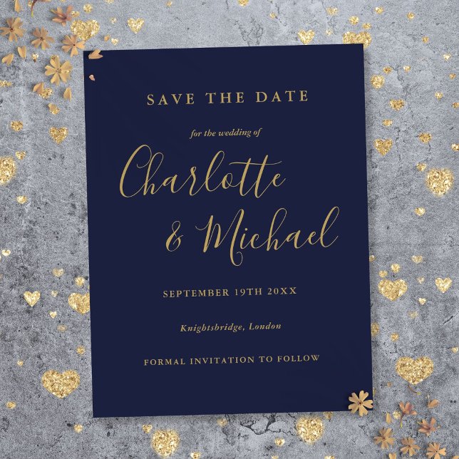 Postale Carte de rappel de mariage Navy Blue Gold (Script Navy Blue Gold Wedding Save the Date Postcard)