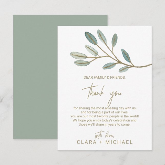 Postale Carte de réception Eucalyptus Merci Gold Veine (Devant / Derrière)