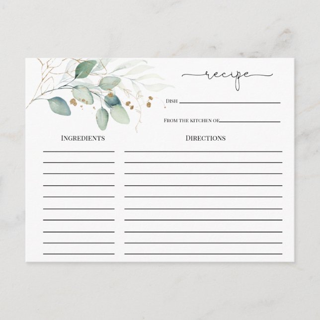 Postale Carte de recette de Baby Shower Eucalyptus Or (Devant)