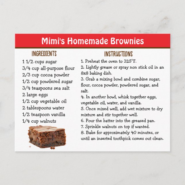 Postale Carte de recette de brownies de Mimi (Devant)