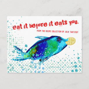 Postale carte de recette de conservateur de poisson fruits