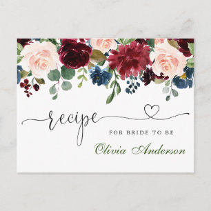 Postale Carte de recette de douche de mariage Burgundy Nav