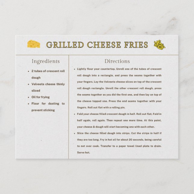 Postale Carte de recette de frites au fromage grillé pour  (Devant)