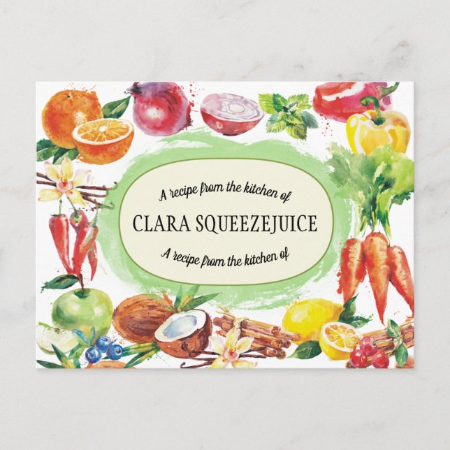 Postale carte de recette de légumes de fruits d'aquarelle (Devant)