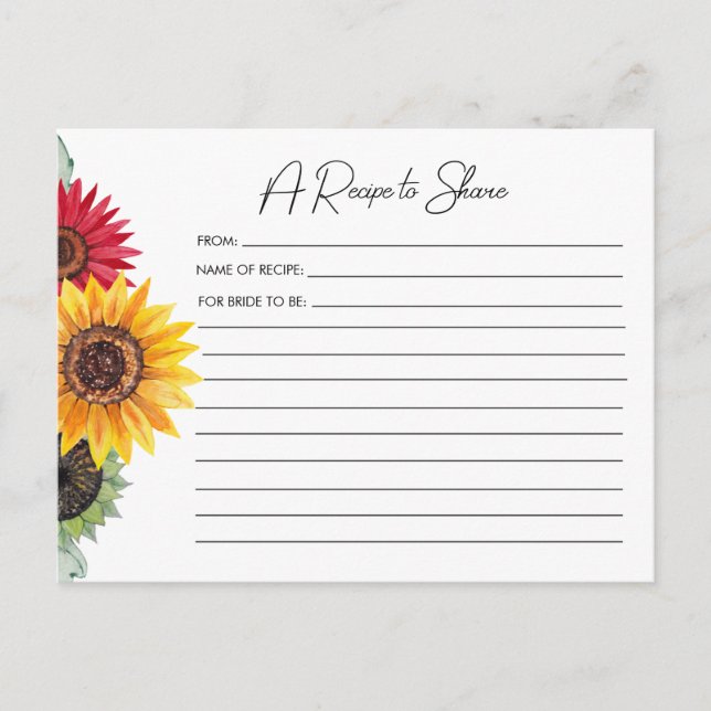 Postale Carte de recette de mariage de tournesols  (Devant)