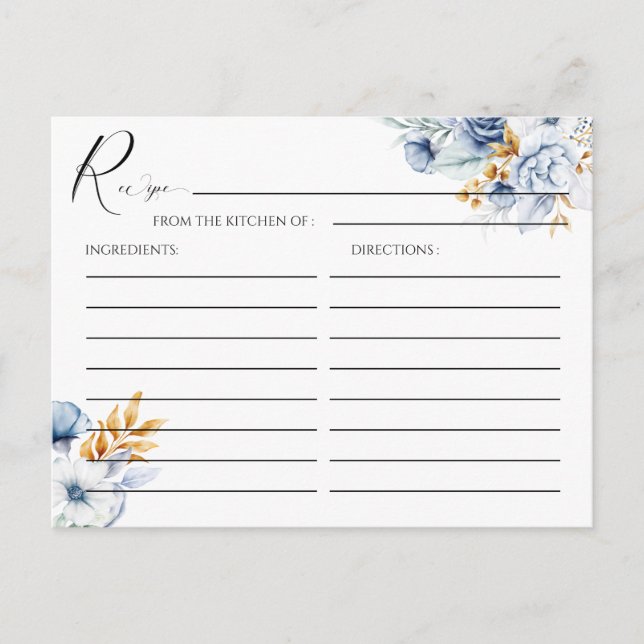Postale Carte de recette de mariage florale bleu poussiére (Devant)