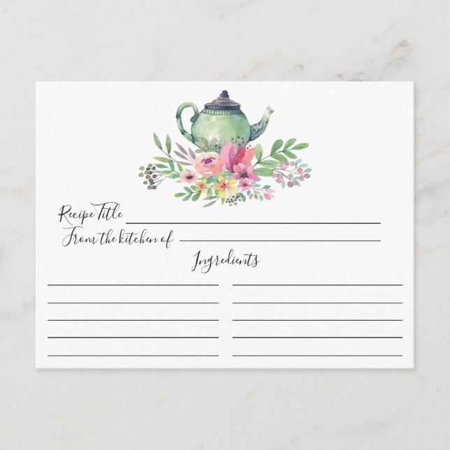 Postale Carte de recette de pot de thé vert floral (Devant)