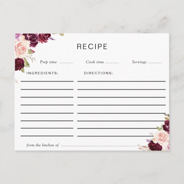 Postale carte de recette fleurie prune pourpre et pêche (Devant)