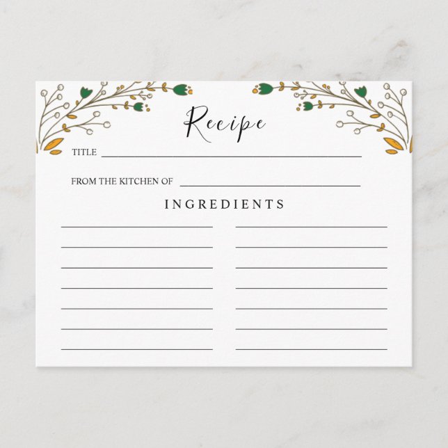Postale Carte de recette florale bohème pour mariage de fl (Devant)
