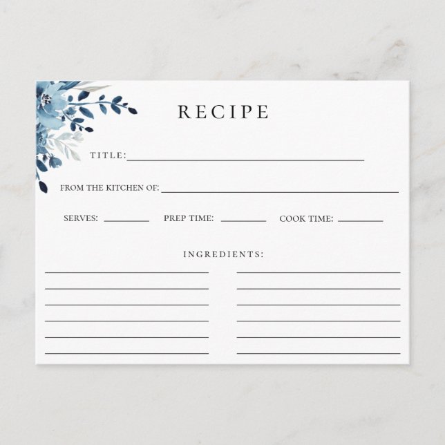 Postale Carte de recette florale botanique bleu poussiéreu (Devant)