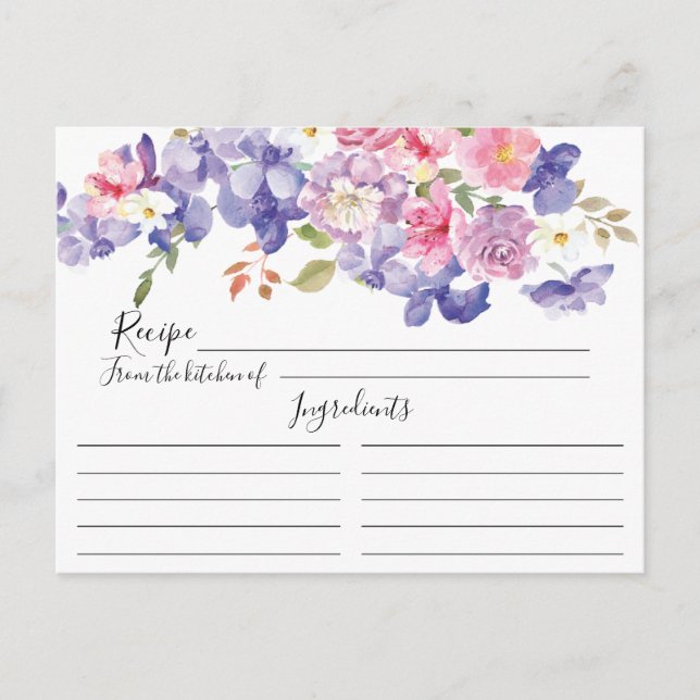 Postale Carte de recette florale pourpre et rose (Devant)
