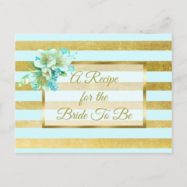 Postale Carte de recette mariage floral bleu et or (Devant)