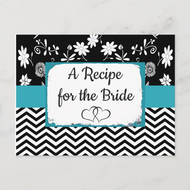 Postale Carte de recette Mariage floral rayé noir et bleu (Devant)