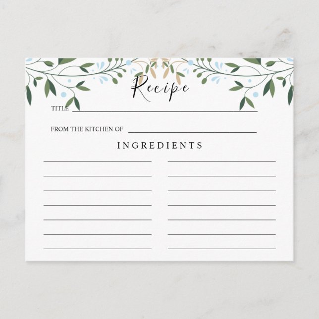 Postale Carte de recette Mariage vert, aquarelle feuille (Devant)