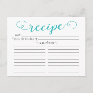 Postale Carte de recette moderne Aqua Blue Script Fête des
