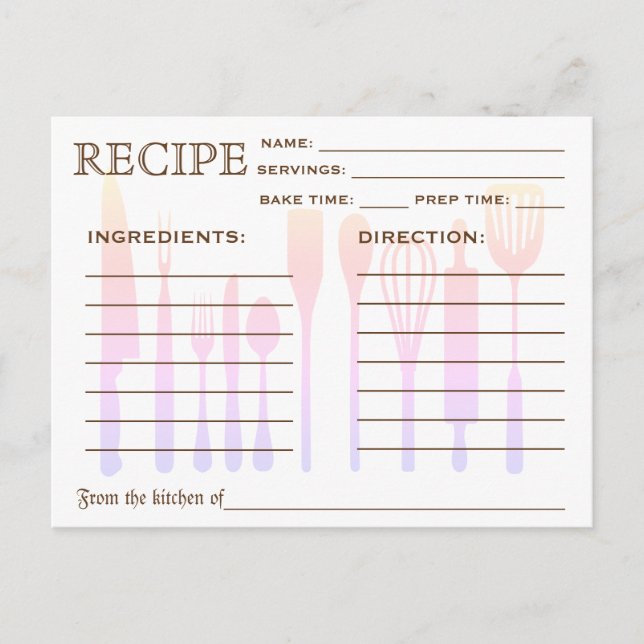 Postale Carte de recette rétro avec outils de cuisine rayé (Devant)