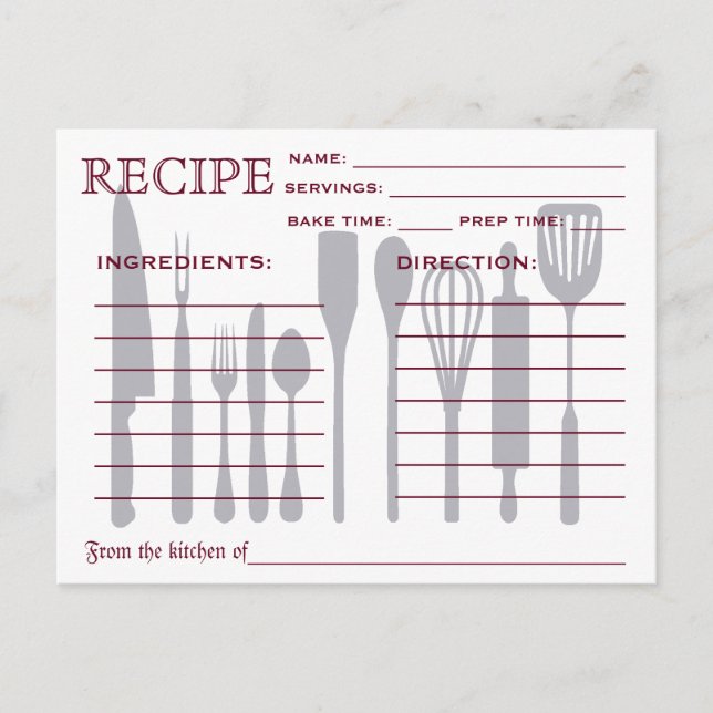 Postale Carte de recette rétro Outils de cuisine rayés (Devant)