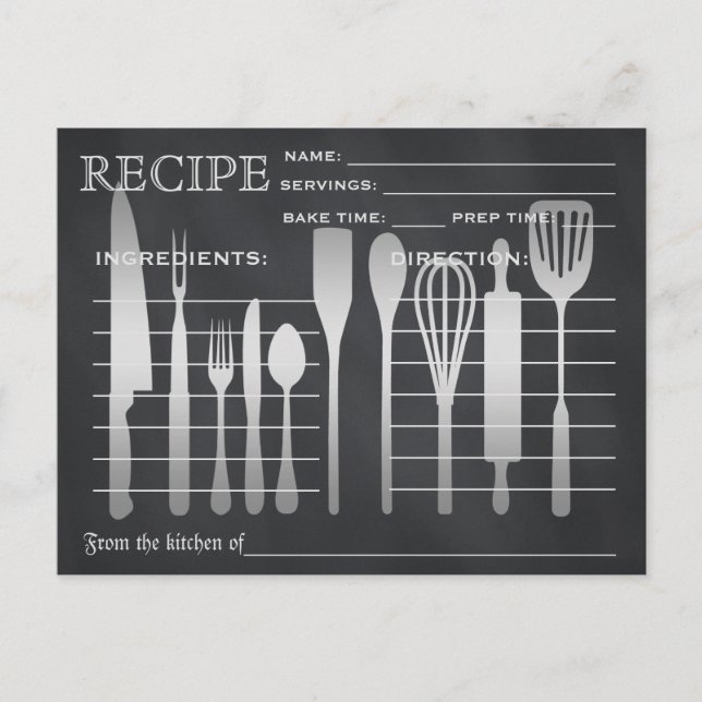 Postale Carte de recette rétro Outils de cuisine rayés (Devant)