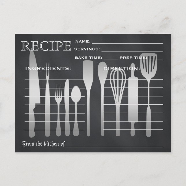 Postale Carte de recette rétro Outils de cuisine rayés (Devant)