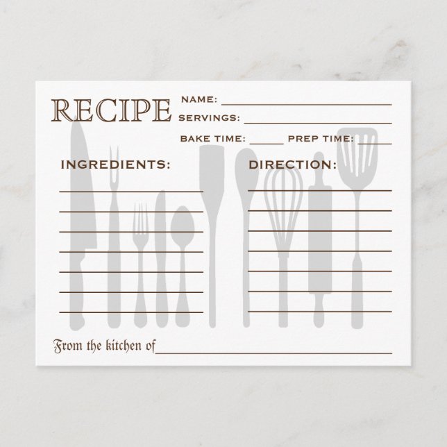 Postale Carte de recette rétro Outils de cuisine rayés (Devant)