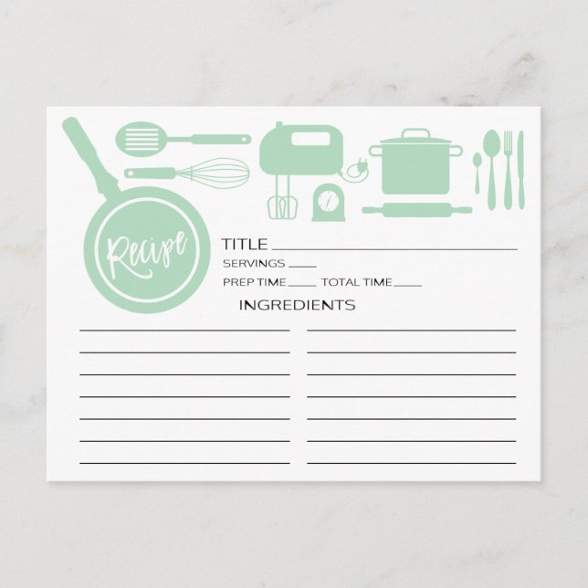 Postale Carte de recettes de cuisine moderne Mint Green Us (Devant)