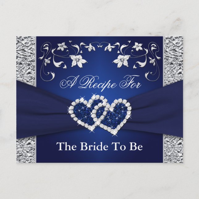 Postale Carte de recettes Navy Blue, Silver Floral Hearts (Devant)