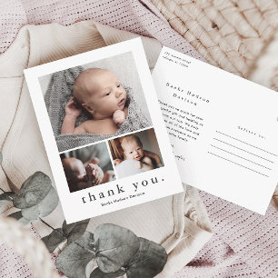 Postale Carte de remerciement bébé moderne 3 photos en col