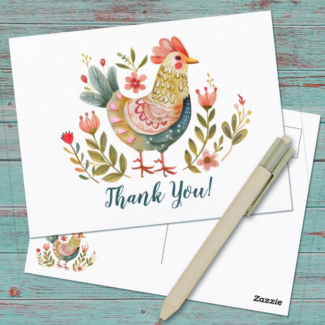 Postale Carte de remerciement d'art populaire de poulet à  (A pretty watercolor folk art chicken thank you postcard.)