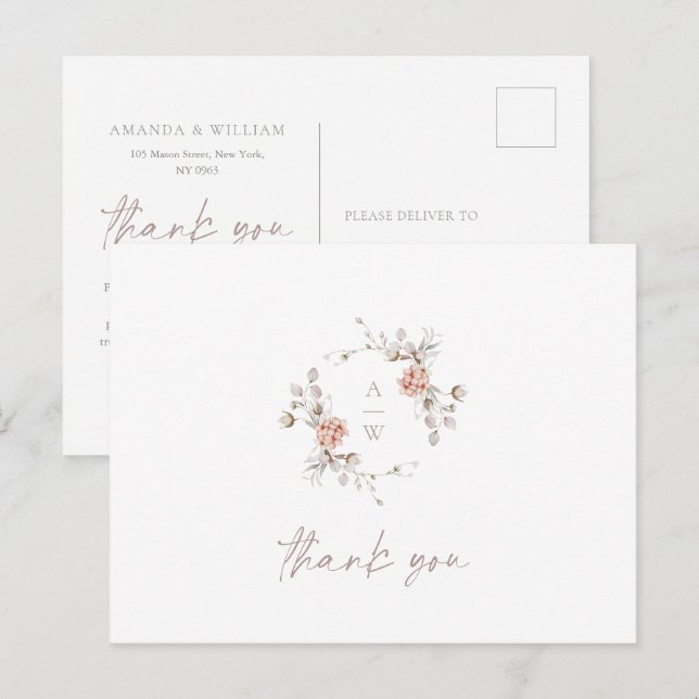 Postale Carte de remerciement de mariage à monogramme flor (Devant / Derrière)