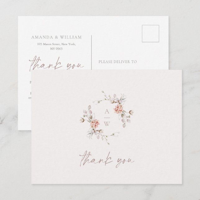 Postale Carte de remerciement de mariage à monogramme flor (Devant / Derrière)