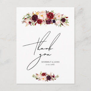 Postale carte de remerciement de mariage aux fleurs rose b